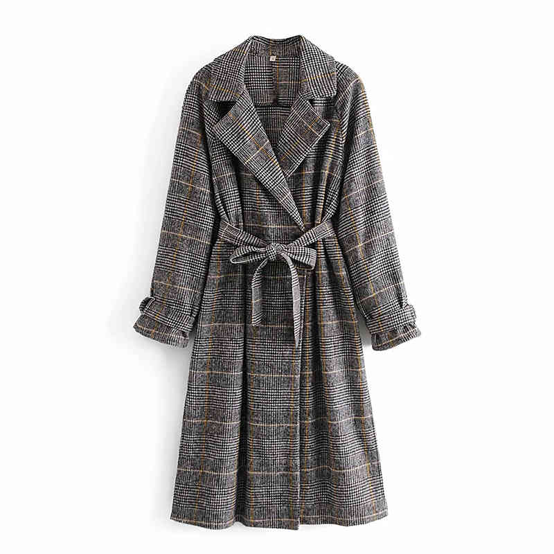 

Winter Women Elegant Retro A Buckle Belt Plaid Overcoat Female Adjustable Elasticity Of Cuffs Lapel Long coat 210520, Multi