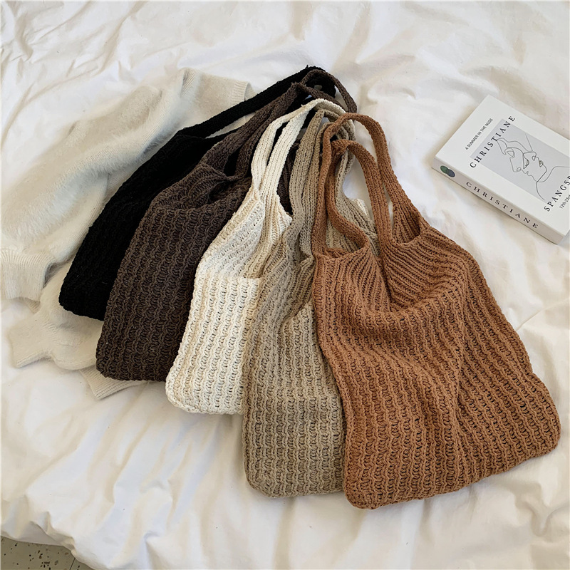 

3pcs Shopping Bags Women Wool Knitted Plain Open Handbag Mix Color, Khaki