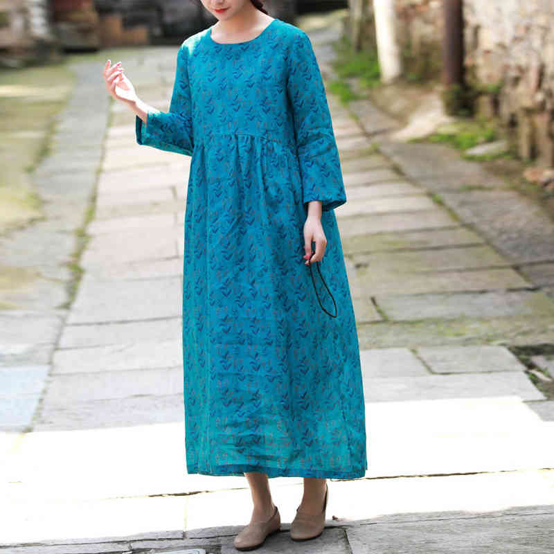 

Johnature Autumn Fashion Nine Points Sleeve O-neck Pockets High Waist Dress Cotton Linen Floral Print Women Retro Dress 210521, Blue