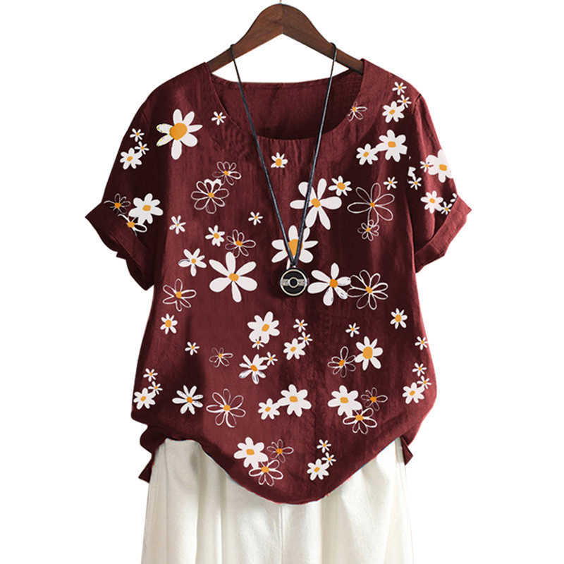 

Women Summer Floral O-neck Short Sleeve T-shirt Tops Woman Plus Size Oversized Ladies Streetwear Tee Shirt Femme 210608, Red