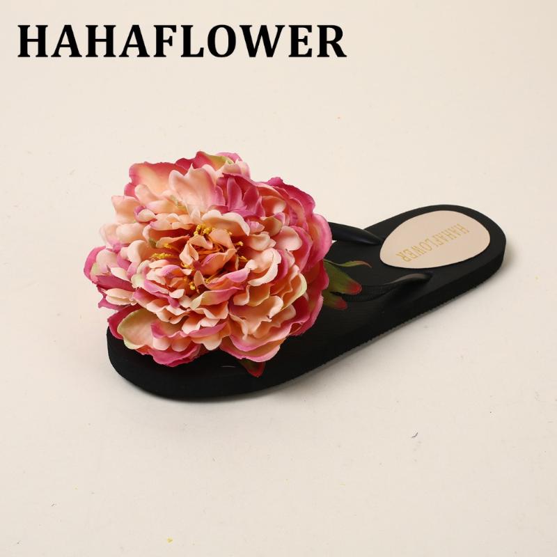 

Slippers HAHAFLOWER Plus Size 35-44 Women Flat Sandals 1.5cm Outside Beach Shoes 100% Handmade Flip Flips A45, Black