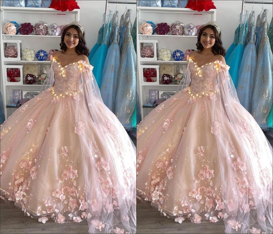 

Romantic Blush Pink Embroidered Quinceanera Dresses 2021 Ball gown with Cape Robe 3D Floral Flowers Beaded Long Ruffled Sweet 15 Prom Eveening Dress, Silver