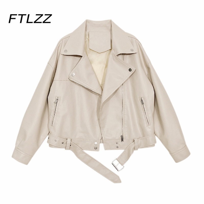 

Women Streetwear Leather Jacket Spring Autumn Loose Oversize Faux Coat Ladies Rivet with Blet Biker Moto Outwear 210602, Black