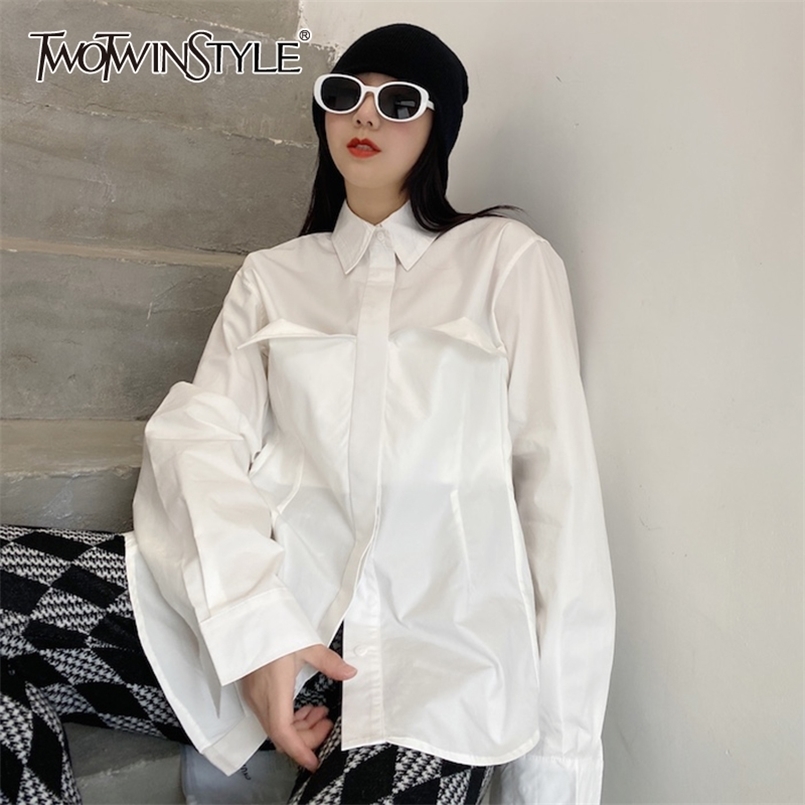 

Minimalist Patchwork Pocket For Women Lapel Long Sleeve Casual White Blouse Female Fashion Clothing 210524, Aspicture