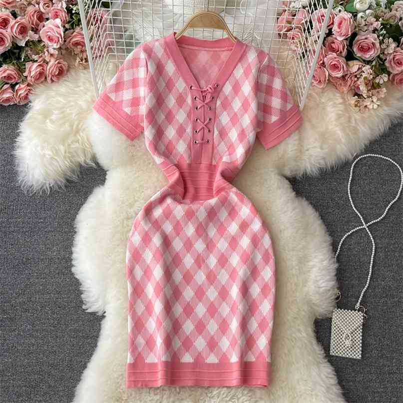 

Summer Women Knit Dress Vintage Plaid Print Lace-up V-neck Short-sleeve High Waist Slim Stretch Casual Ladies Short 210603, Blue