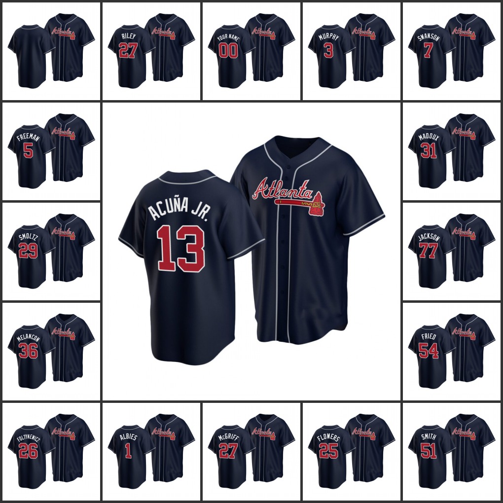 

AtlantaBraves Men #13 Ronald Acuna Jr. 19 Shane Greene 26 Mike Foltynewicz 5 Freddie Freeman Women Youth CustomReplicaAlte, Black