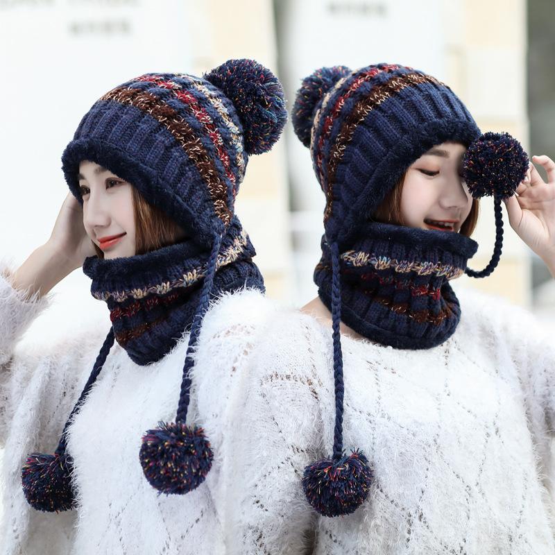 

Hats, Scarves & Gloves Sets Winter Women's Hat Bib Set Knitted Warm Ladies Sweet Cute Wool Multi Functional Scarf