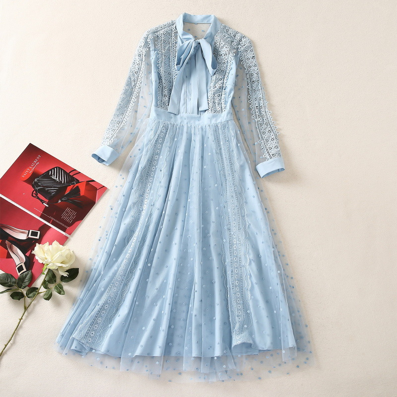 

European and American women' wear for summer 2021 Long sleeve bow collar Fashion lace mesh polka dot dress, Blue