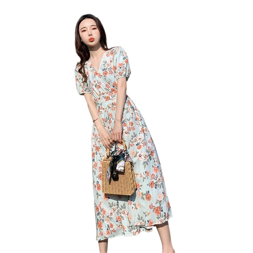 

Printed long skirt temperament is thin, lace-up waist elegant dress female summer and Korean fashion women' clothing 210520, Mixed color