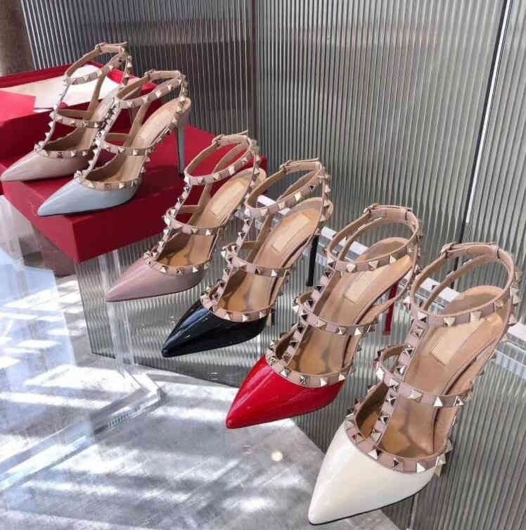 

Designer design women brand sandals pointed toe high heel rivets sandal V 6cm 8cm 10cm thin heels red wedding shoe 34-44 Dust Bag, Red black shiny