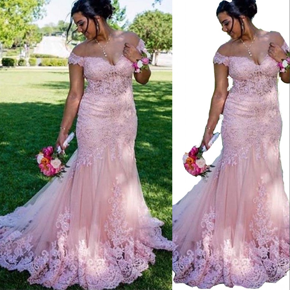

2021 Sexy Pink Saudi Arabia Evening Dresses Wear Off Shoulder Dubai Mermaid Lace Appliques Illusion Prom Dress Formal Party Gowns Custom Made Sweep Train Plus Size