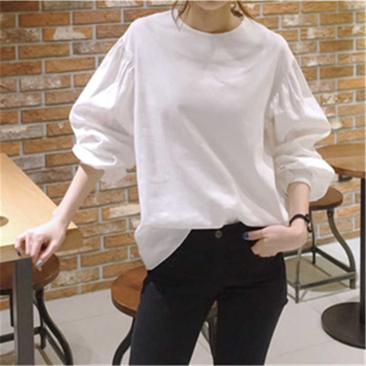 

Solid Full Shirts Bottoming Top O Neck Lantern Sleeve White Fashion Plus Size Women Blouses 210615