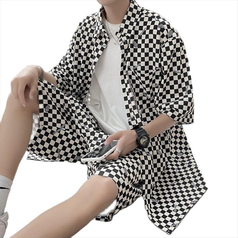 

summer plaid shorts short sleeved mens tracksuit shirt casual suit beach pants for boys and teens 2 pieces, Gray