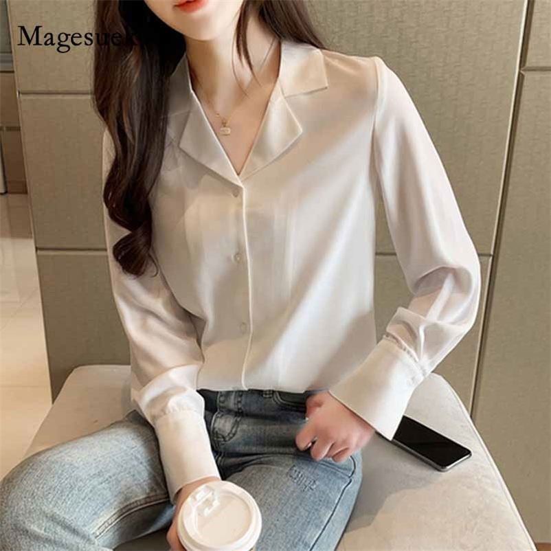 

Solid OL Blusas Mujer De Moda Autumn Suit Collar Chiffon Blouse Office Lady Women White Long Leeve Shirts 10550 210518
