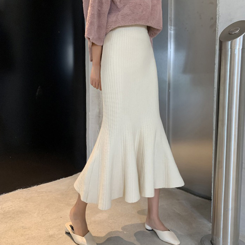 

Skirts Winter Elegant Korean Style Solid Beige/Black Mermaid Trumpet Long Knitted 3G8T