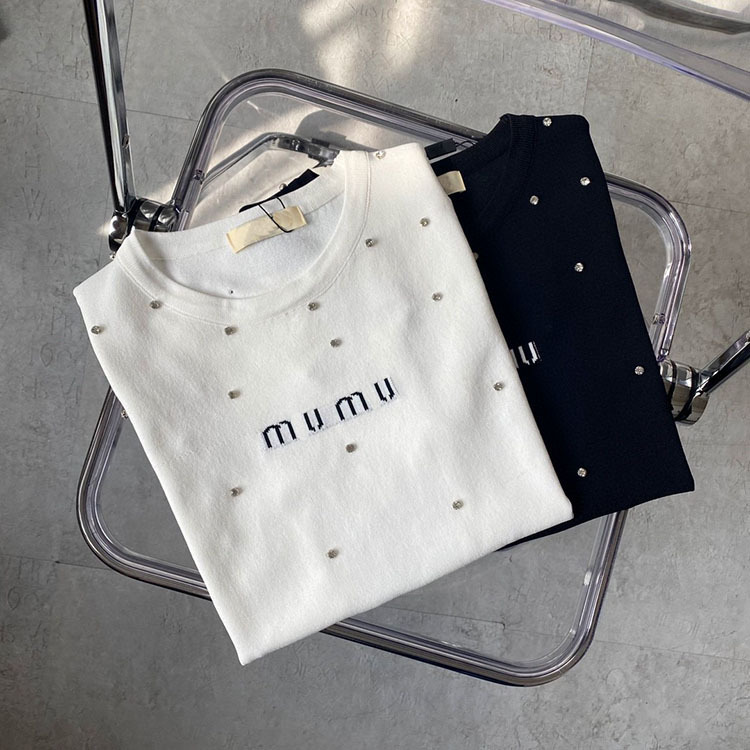 

Luxury design Miao early summer star studded pearl knitted short sleeve women' simple age reducing casual round neck T-shirt, Black
