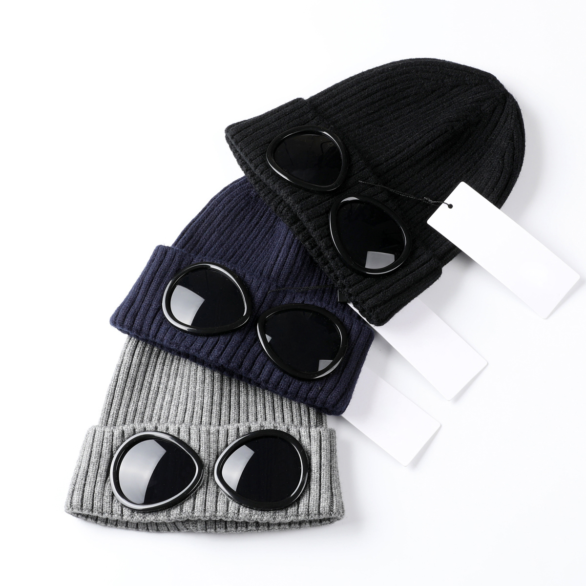 

Fashion Designer Hat Two GOGGLE Beanie Caps Men Women Autumn Winter Wool Knitted Glasses Cap Outdoor Sports Hats Couple Beanies, Blue;gray