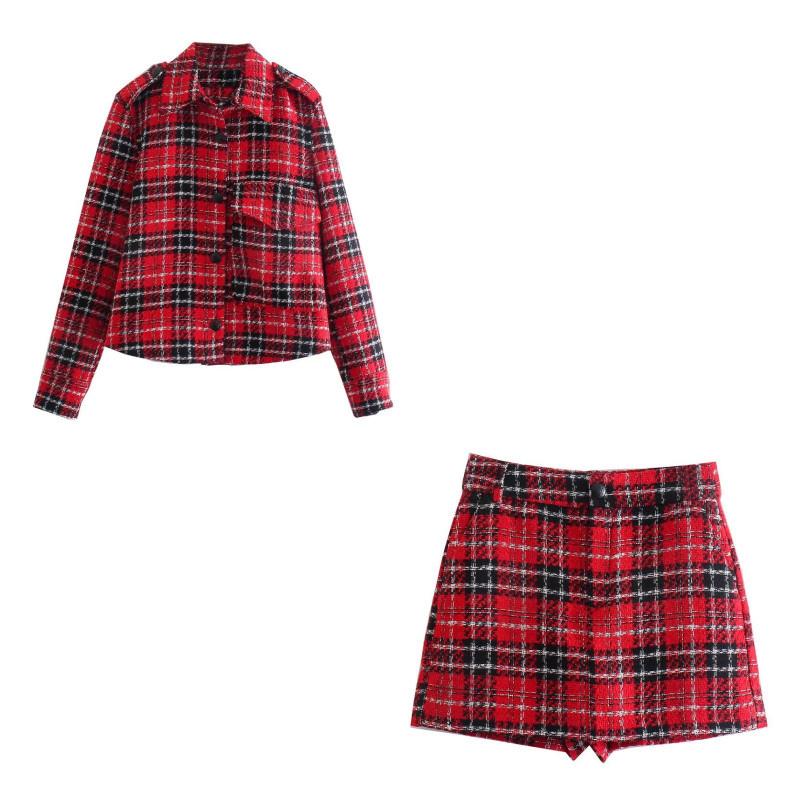 

Women's Tracksuits Woman Elegant Christmas Red Plaid Matching Sets 2021 Autumn Female Loose Tweed Jacket Suit Ladies High Waisted Shorts 2 P, Short