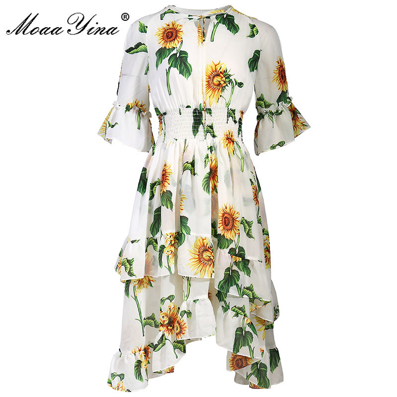 

Summer Elegant Ruffles Irregular Midi Dress Women Flare Sleeve Fashion Sunflower print Elastic waist Holiday 210524, Mixed color