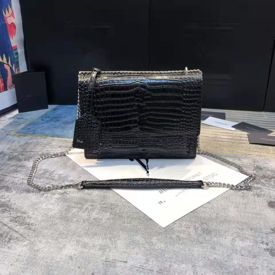 

Leather Shoulder Bag Women Original box handbag purse messenger, Black silver chain