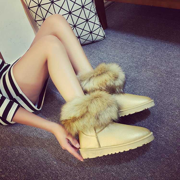 

2021 Women Boots Suede Real Fox Fur Brand Winter Shoes Warm Black Round Toe Ankle Plus Size Female Snow Boots H0906, Brown