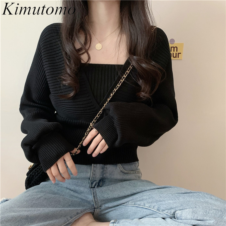 

Kimutomo Casual Patchwork Knitted Sweater Women V-neck Solid Fake Two Piece Lantern Sleeve Short Pullover Outwear Fashion 210521, White