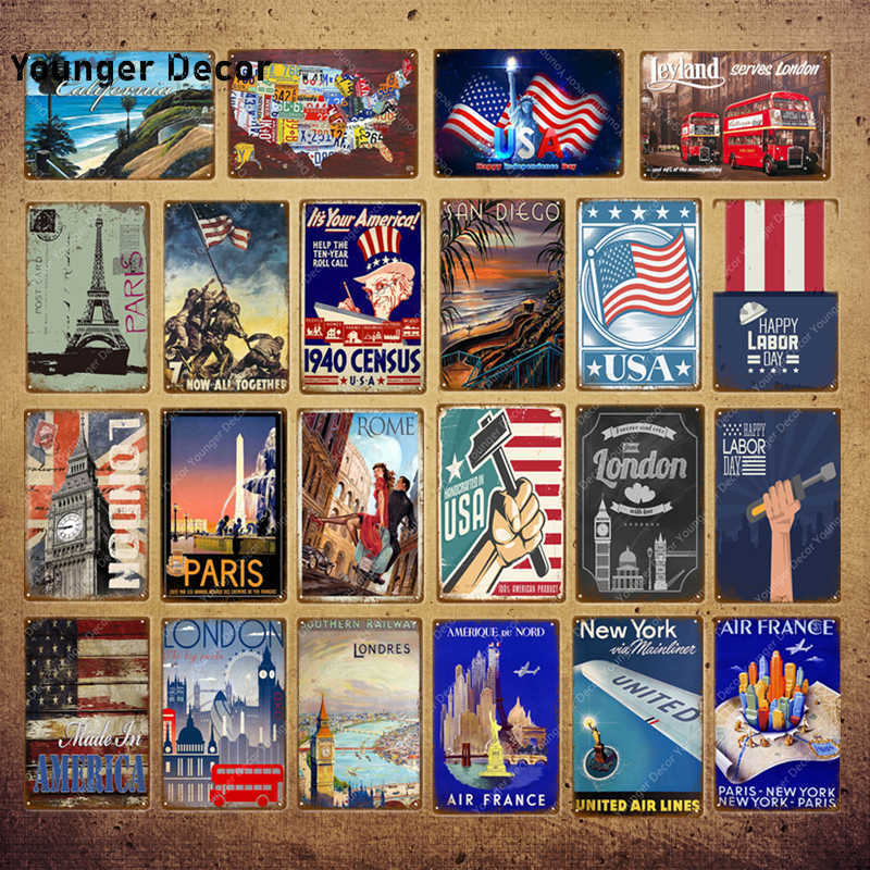 

The USA Country Poster London Paris Rome Metal Signs For Pub Bar Club Cafe Room Home Decoration Travel Wall Stickers YI-045