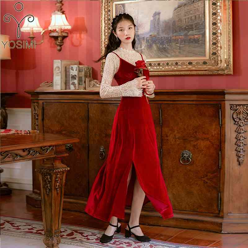 

YOSIMI Women Two Piece Outfits Spring Full Sleeve Lace Blouse Shirt Top and Velvet Strap Dress Skirt Set 2piece 210604, Red
