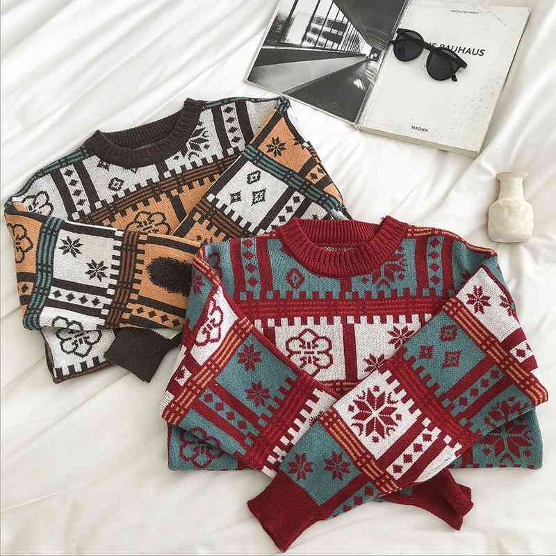 

Women Vintage Argyle Sweater Autumn Winter Long Sleeve Casual Harajuku Pullover Korean Tops Woman Loose Oversized Knitted 210602, Red