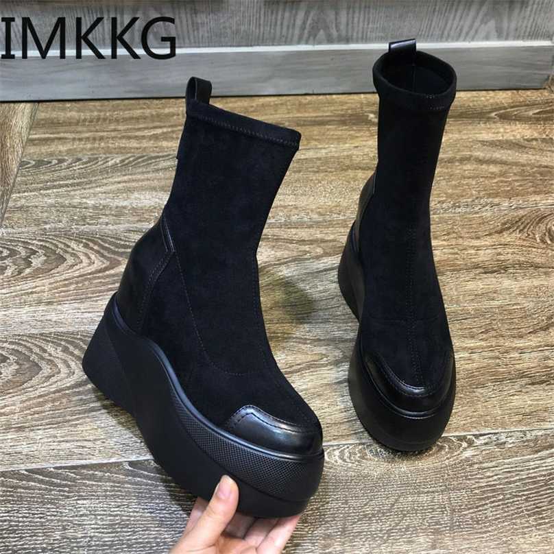 

Autumn Boot Shoes Woman Fashion Round toe Ankle Winter Elastic Black Comfortable Botas 211105