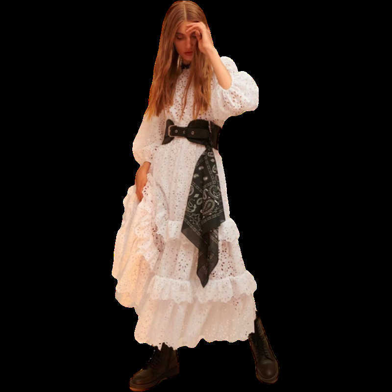 

[DEAT] O-neck Lantern Sleeve Long Ruffle With Belt Embroidery Hollow Out White Maxi Dresses For Women Spring 210527, Black