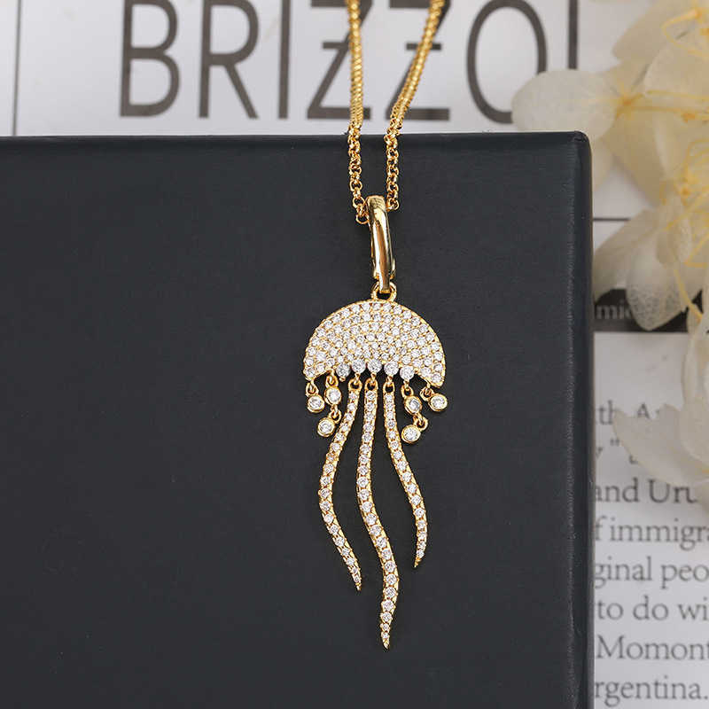 

New Micro Crystal Jellyfish Luxury Clavicle Chain Necklace Ocean Tropical Design Tassel Gold Color Woman Necklace Zk30 X0707