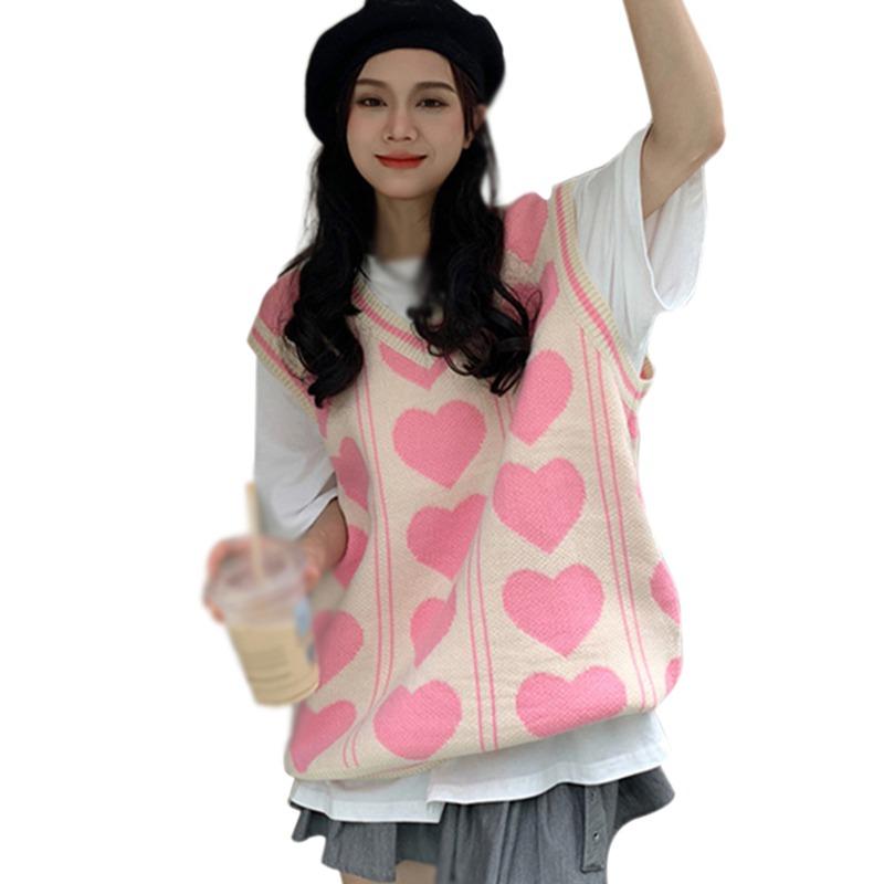 

Women's Jackets Korean Vintage Sweater Loose V-neck Knit Pullover Vest Oversized Tank Top Love Print Sweaters Fall Fashion Knitted Vests, Black;brown