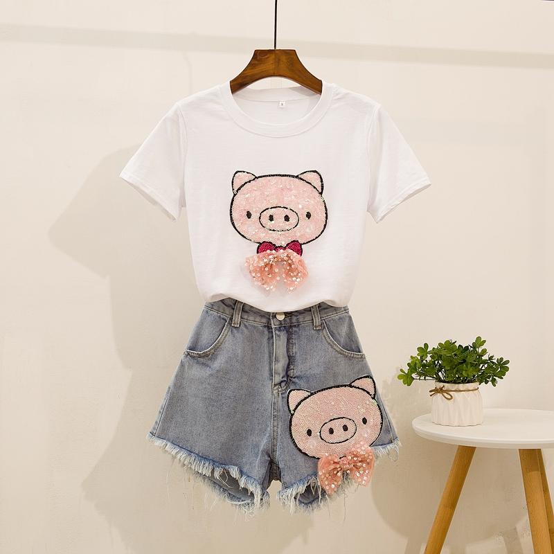 

European Women Two Piece Set Sequined Bow Cotton TShirts +Short Jeans Sets Summer Cartoon Print Top Tees Denim Shorts 2pcs Women's Tracksuit, Gray