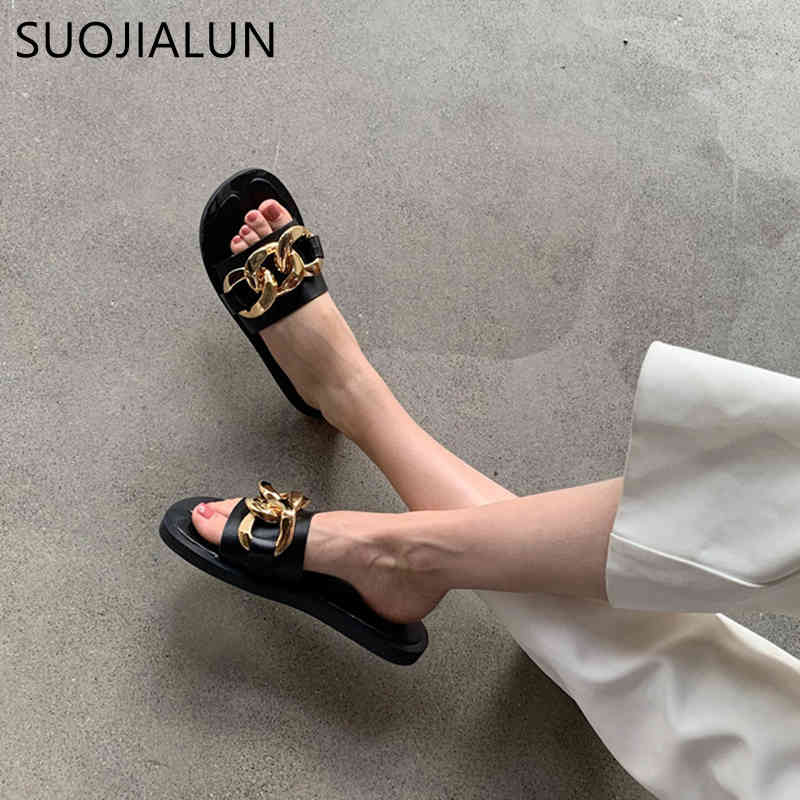 

SUOJIALUN 2021 Fashion Brand Gold Metal Chain Slippers Flat Heel Casual Slide Summer Outdoor Beach Sandals Ladies Flip Flops Sho K78, Yellow