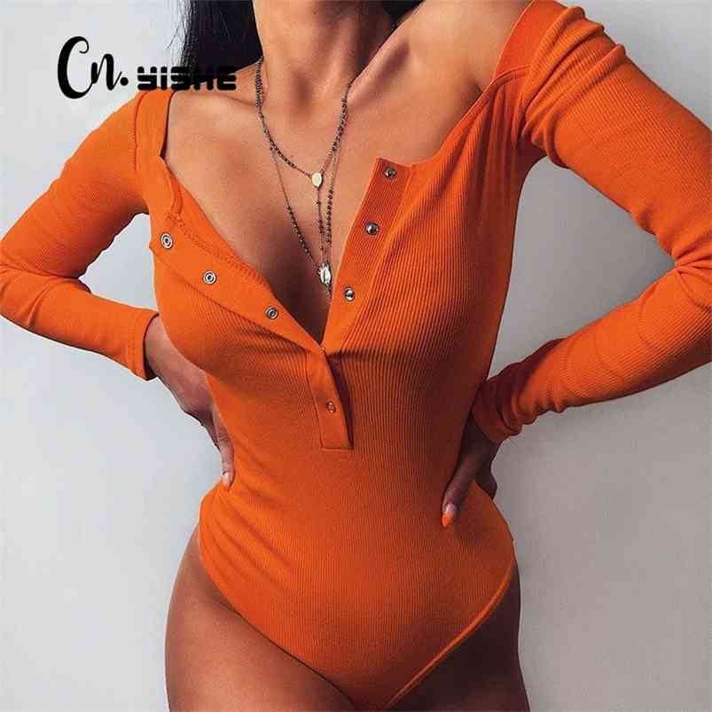 

CNYISHE Ribbed Knitted Buttons Bodysuit Jumpsuits Long Sleeve Bodycon Sexy Streetwear Autumn Clothes Solid Rompers 210720, Black