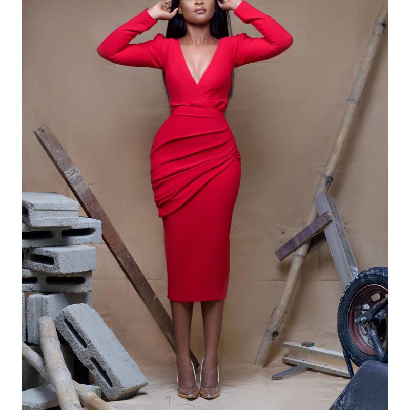 

Casual Dresses Pencil Woman Party Night Trendy Formal Dress Elegant Long Sleeve Sommerkleid Bodycon For Women Plus Size Frocks, Black