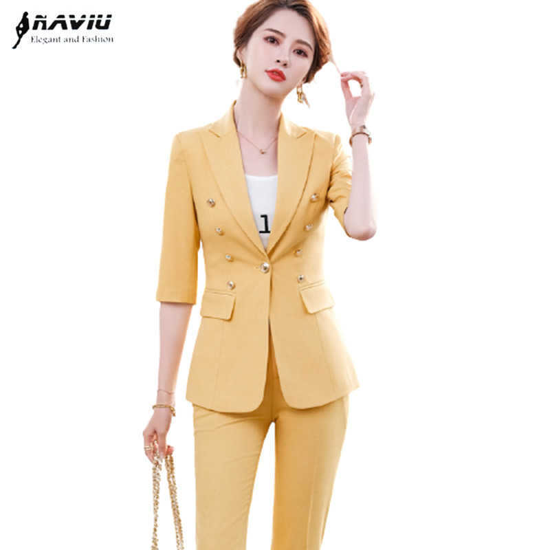 

Yellow Suit Temperament Casual High End Business Formal Half Sleeve Blazer And Pants Office Ladies Fashion Work Wear 210604, White blazer