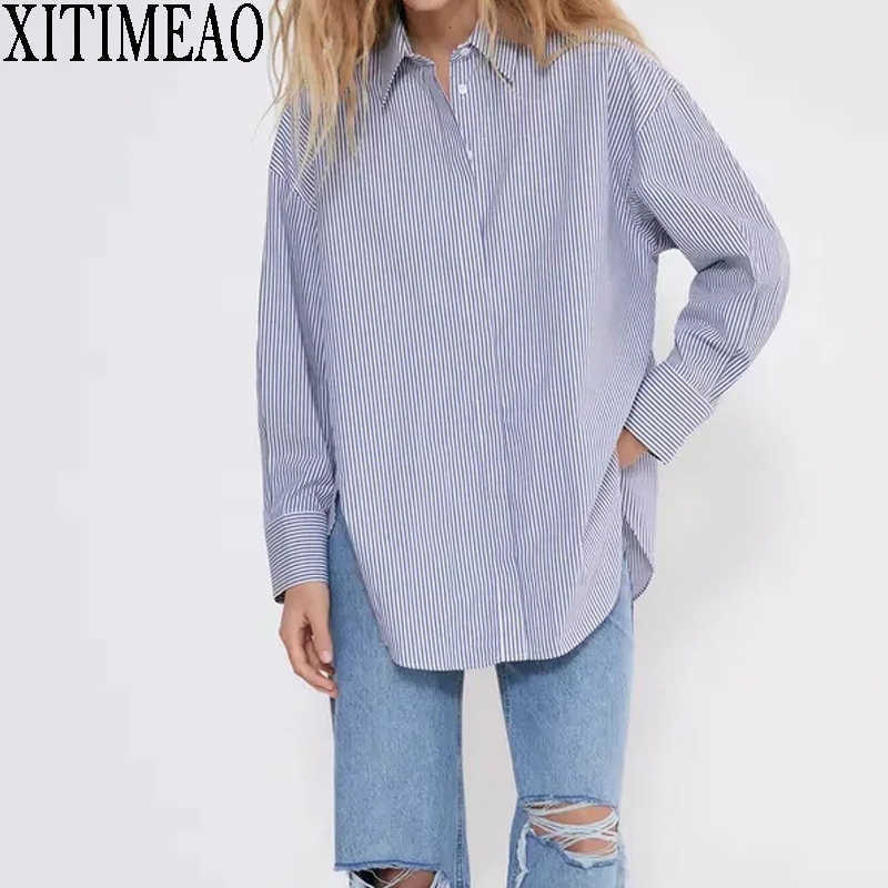 

ZA Spring Autumn Women Retro Stripe Printing Simple Style Loose Long Sleeve Shirt Casual Chic Tops XITIMEAO 210602, Blue