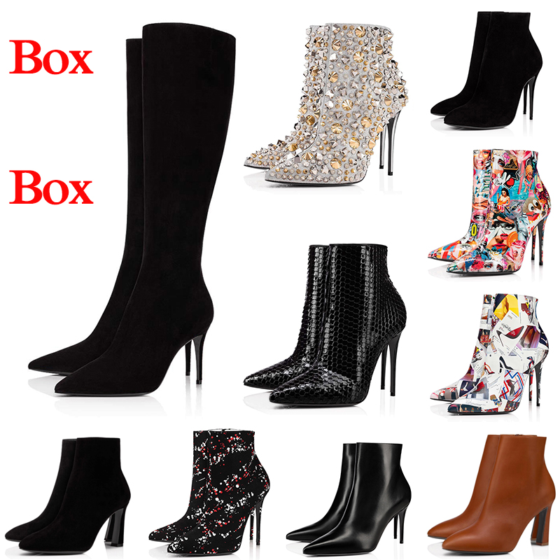 

2022 Luxurys Designer Red Bottom Heels Boots Women Ankle Knee Tall High Heel Boot Birgikate Graffiti Flat Booty Wedding Party Dress Shoes, Item #13