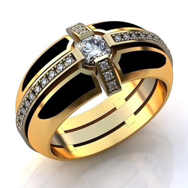 

Cluster Rings Fashion Gold Color Rhinestone Man Wedding Classic Black Enamel For Men Engagement Party Ring Gifts, Golden;silver