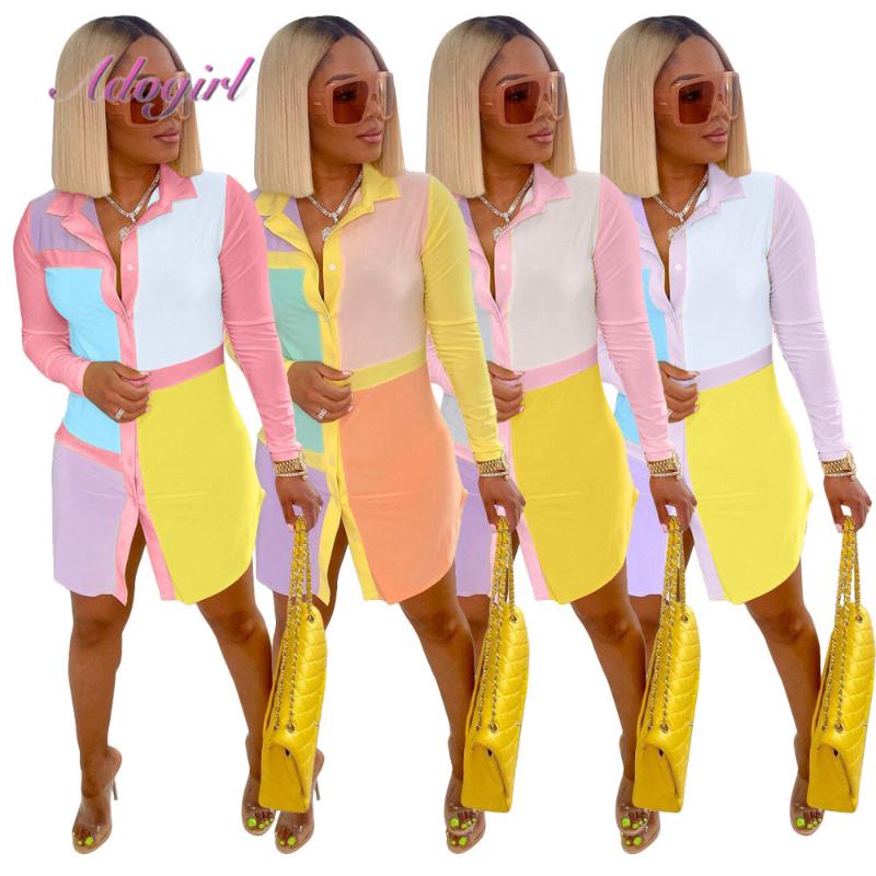 

Womens POLO collar positioning printing shirt dress hit color women skirts daily dresses skirt casual, Light blue