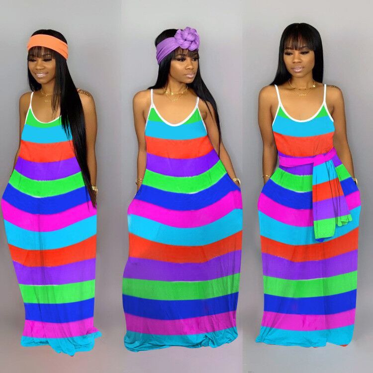 

2020 Women Spring Summer Dress Striped Print Long Dress Sleeveless Sexy Night Party Bandage Bodycon Maxi Beach Dresses GL6278, Black;gray