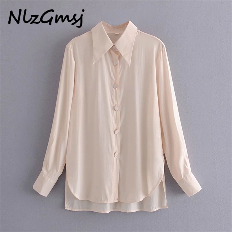 

Blouse Women Spring Fashion Turn-down Collar Solid Color Single-breasted Long Sleeve Loose 210628, As picture