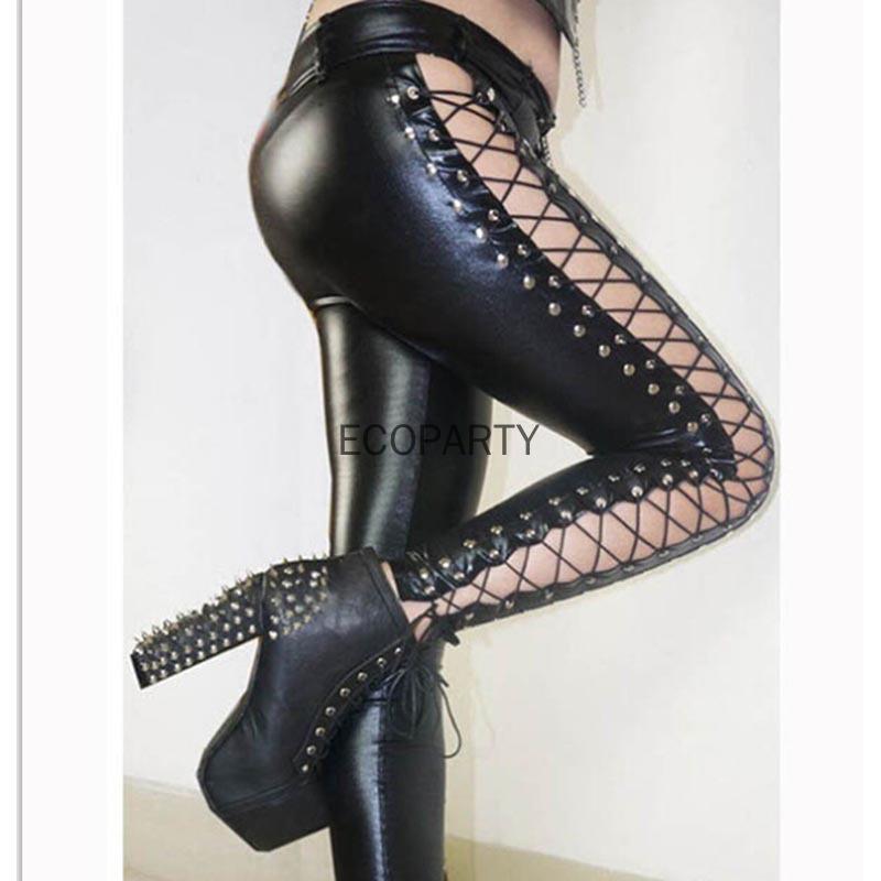 

Women's Pants & Capris 51 Stylish Women Club Sexy Leggings Lace Up On The Sides High Quality Wetlook Faux Leather Pencil Rock Steampunk Punk, Black