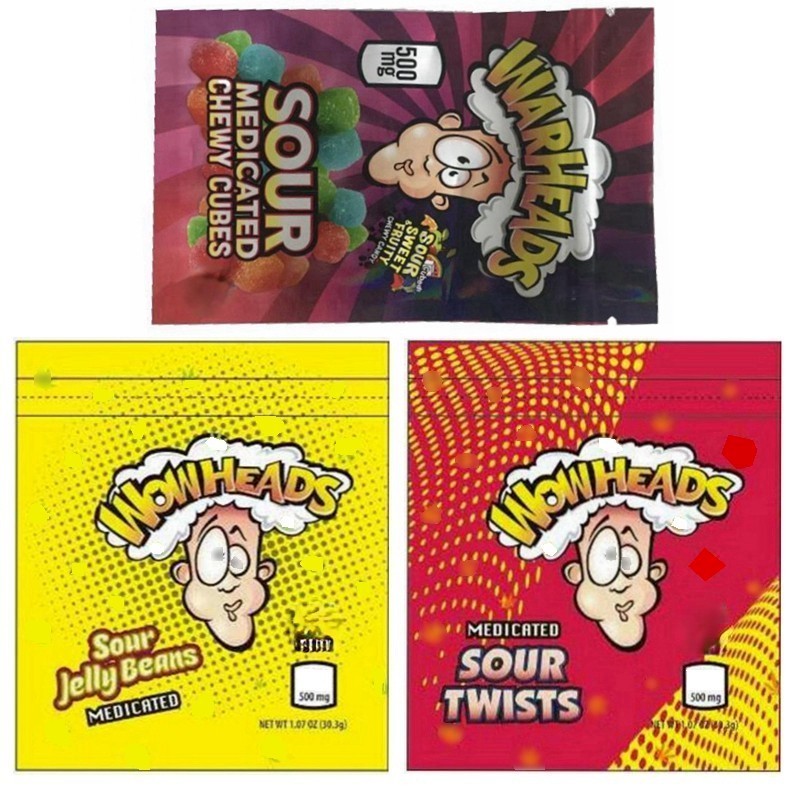 

Wholesale Medicated warheads bags 500mg Sour twists jelly beans chewy cubes edibles packaging bag 3 types Candy smell proof resealable zipper pouch mylar packages