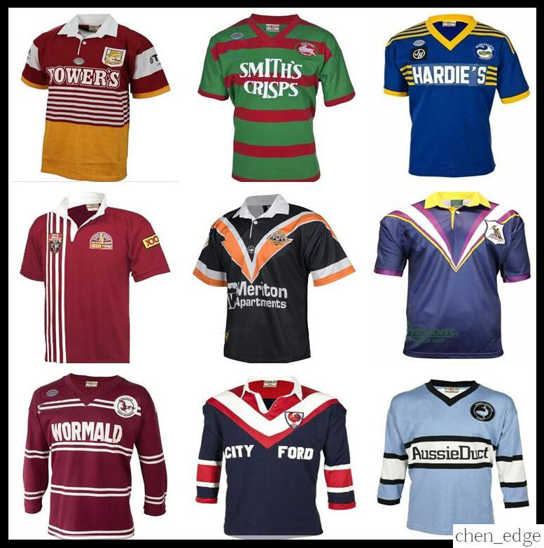 

RETRO RUGBY JERSEY Brisbane Broncos South Sydney Rabbitohs Wests Tigers HOLDEN BLUES Parramatta Eels Sea Eagles Maroons Malou SHARKS, Black