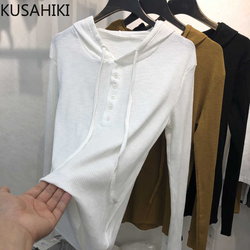

Knitted Hooded Sweatshirt Causal Long Sleeve Solid Basic Pullover Hoodies Spring Thin Women Jumpers 6G099 210603, Brown