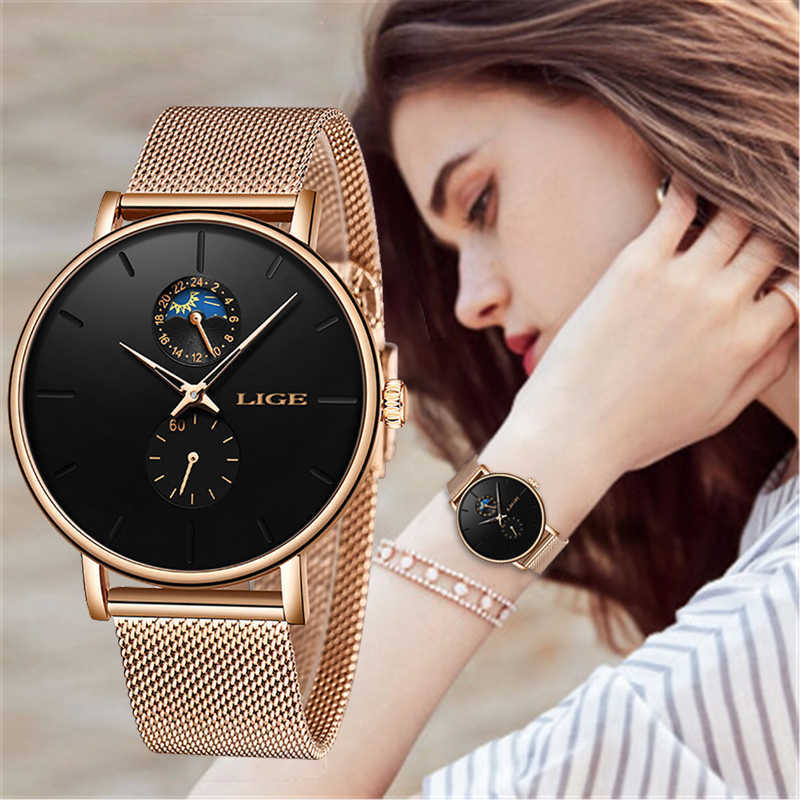 

LIGE Women Luxury Brand Watch Simple Quartz Lady Waterproof Wristwatch Female Fashion Casual Watches Clock reloj mujer 210720, Rose gold black