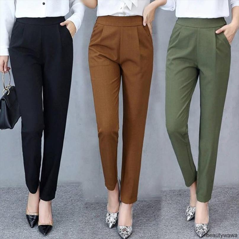 

office harem solid color womens capri high waist pockets pencil long trousers oversize bottoms, Black;white